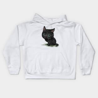 Black cat with blue eyes looks to the side Kids Hoodie